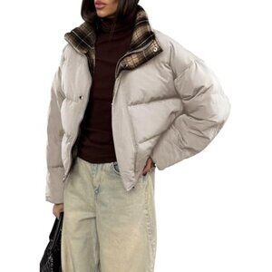 ECOWISH Women's Cropped Puffer Jacket Coat 2025 Winter Warm Stand Collar Short Q